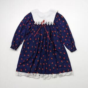 Vintage Bryan Dress Girls Size 6 Navy Floral Bib Long Sleeve